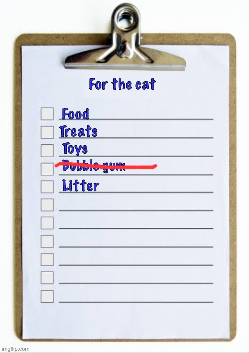 Checklist | For the cat Food Treats Toys Litter Bubble gum | image tagged in checklist | made w/ Imgflip meme maker