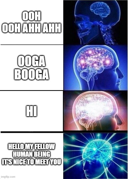 Expanding Brain Meme | OOH OOH AHH AHH; OOGA BOOGA; HI; HELLO MY FELLOW HUMAN BEING IT'S NICE TO MEET YOU | image tagged in memes,expanding brain | made w/ Imgflip meme maker