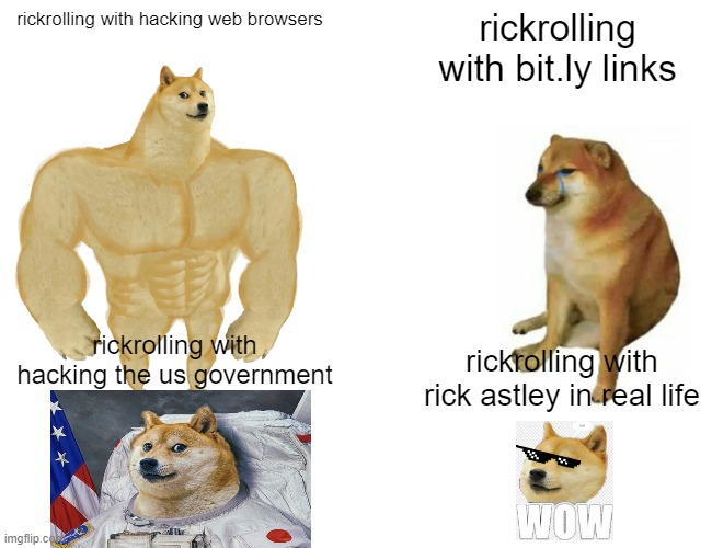 Noob to MLG Pro Rickrolling | rickrolling with hacking web browsers; rickrolling with bit.ly links; rickrolling with hacking the us government; rickrolling with rick astley in real life | image tagged in memes,buff doge vs cheems | made w/ Imgflip meme maker