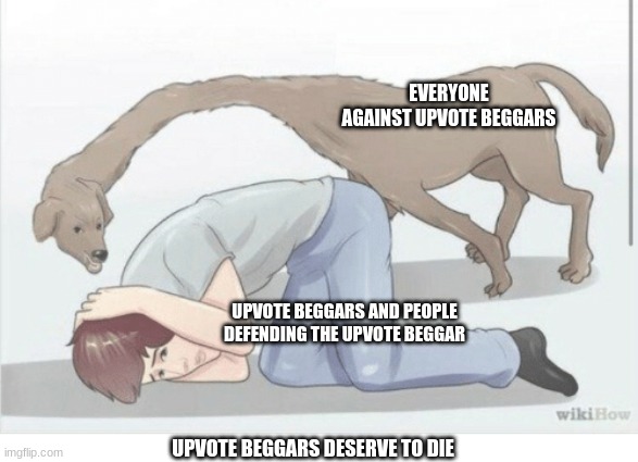 WikiHow Dog | EVERYONE AGAINST UPVOTE BEGGARS; UPVOTE BEGGARS AND PEOPLE DEFENDING THE UPVOTE BEGGAR; UPVOTE BEGGARS DESERVE TO DIE | image tagged in wikihow dog | made w/ Imgflip meme maker