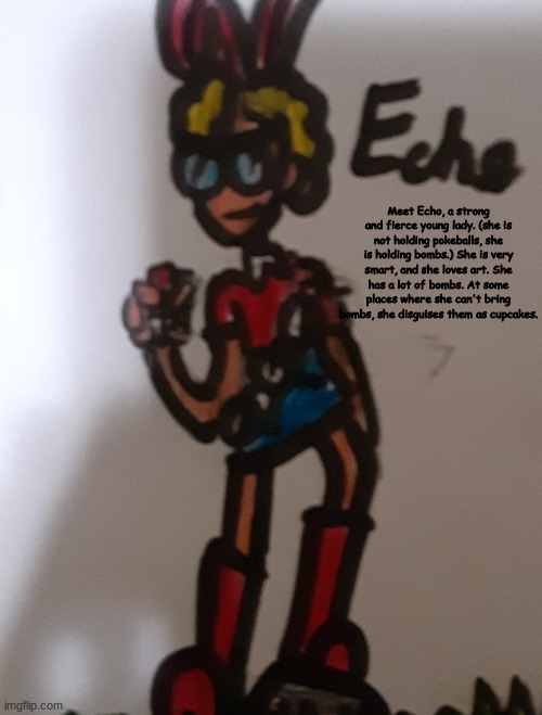 Meet Echo, a strong and fierce young lady. (she is not holding pokeballs, she is holding bombs.) She is very smart, and she loves art. She has a lot of bombs. At some places where she can't bring bombs, she disguises them as cupcakes. | made w/ Imgflip meme maker