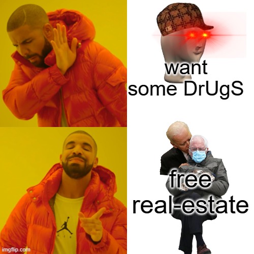 want some DrUgS; free real-estate | image tagged in drake hotline bling | made w/ Imgflip meme maker