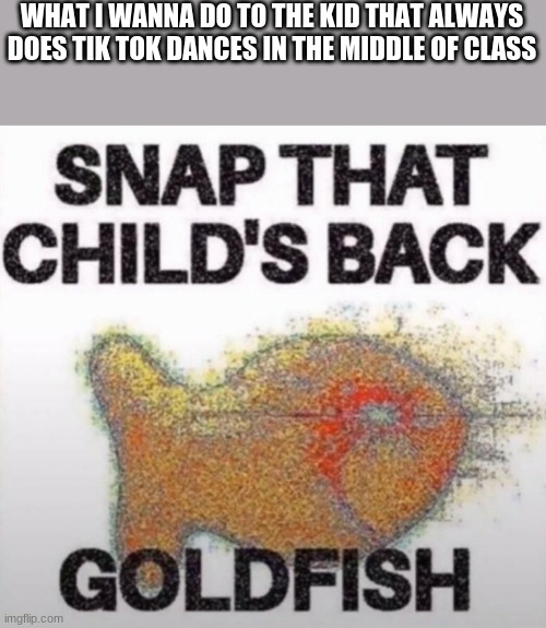 Snap That Child's Back, Goldfish | WHAT I WANNA DO TO THE KID THAT ALWAYS DOES TIK TOK DANCES IN THE MIDDLE OF CLASS | image tagged in snap that child's back goldfish | made w/ Imgflip meme maker
