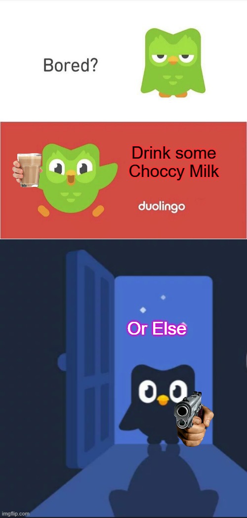Oh no | Drink some Choccy Milk; Or Else | image tagged in duolingo bored,duolingo bird | made w/ Imgflip meme maker