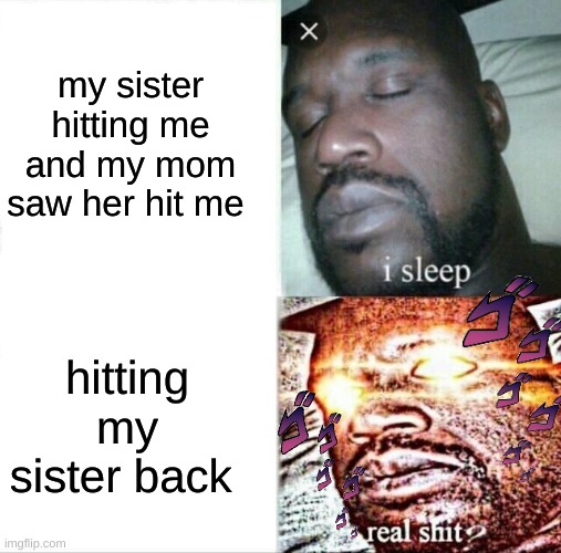 sisters vs brothers | my sister hitting me and my mom saw her hit me; hitting my sister back | image tagged in memes,sleeping shaq | made w/ Imgflip meme maker
