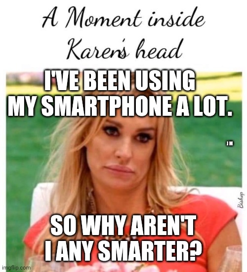 I'VE BEEN USING MY SMARTPHONE A LOT. J M; SO WHY AREN'T I ANY SMARTER? | image tagged in karen,smudge the cat | made w/ Imgflip meme maker