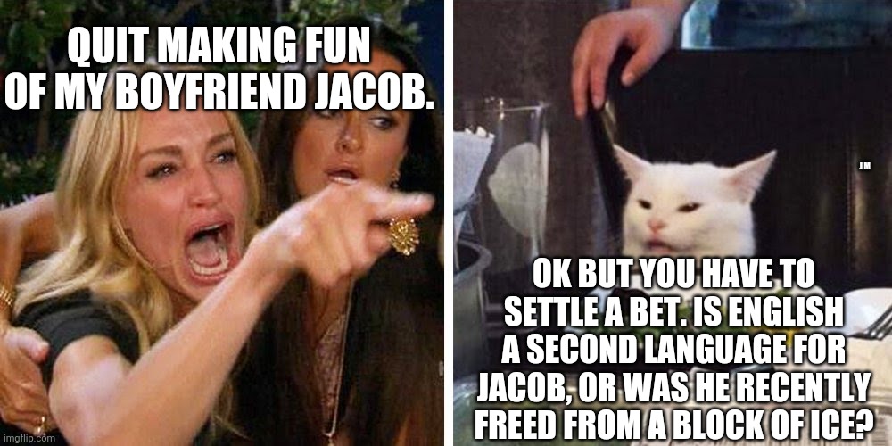Smudge the cat | QUIT MAKING FUN OF MY BOYFRIEND JACOB. J M; OK BUT YOU HAVE TO SETTLE A BET. IS ENGLISH A SECOND LANGUAGE FOR JACOB, OR WAS HE RECENTLY FREED FROM A BLOCK OF ICE? | image tagged in smudge the cat | made w/ Imgflip meme maker
