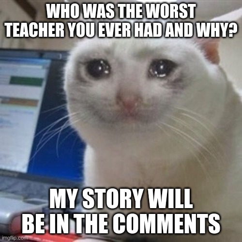 insert funny title pun here | WHO WAS THE WORST TEACHER YOU EVER HAD AND WHY? MY STORY WILL BE IN THE COMMENTS | image tagged in crying cat | made w/ Imgflip meme maker