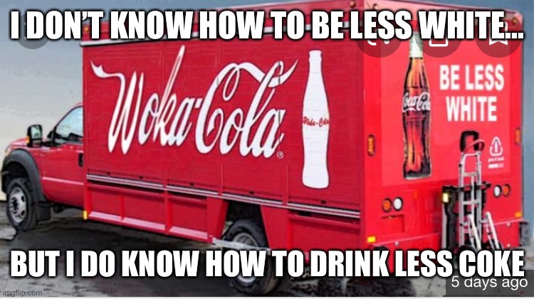 Lol dummy | I DON’T KNOW HOW TO BE LESS WHITE... BUT I DO KNOW HOW TO DRINK LESS COKE | image tagged in woke-a-cola,ConservativeMemes | made w/ Imgflip meme maker