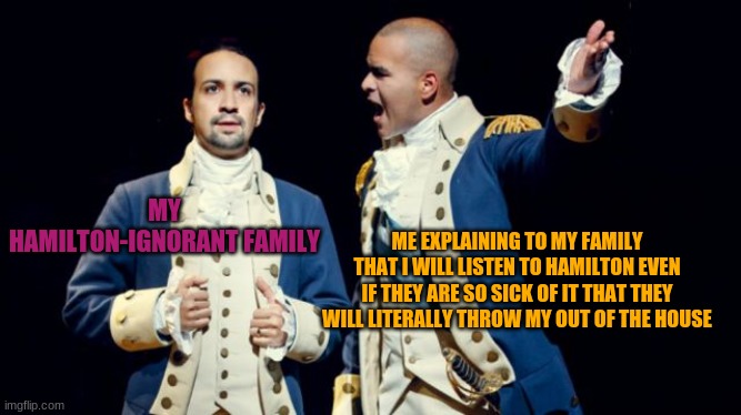 Someone help | MY HAMILTON-IGNORANT FAMILY; ME EXPLAINING TO MY FAMILY THAT I WILL LISTEN TO HAMILTON EVEN IF THEY ARE SO SICK OF IT THAT THEY WILL LITERALLY THROW MY OUT OF THE HOUSE | image tagged in hamilton/washington | made w/ Imgflip meme maker