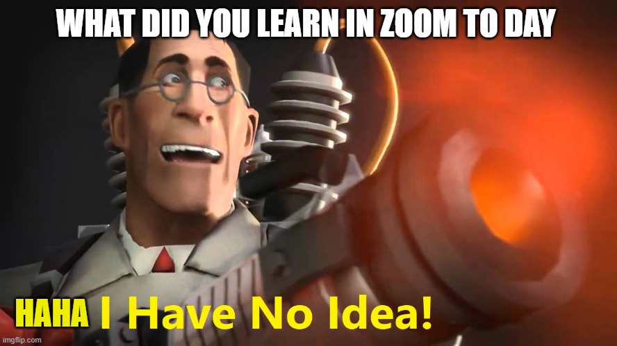 i have no idea [medic version] | WHAT DID YOU LEARN IN ZOOM TO DAY; HAHA | image tagged in i have no idea medic version | made w/ Imgflip meme maker