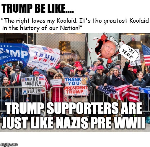 Trump Supporter Koolaid | TRUMP SUPPORTERS ARE JUST LIKE NAZIS PRE WWII | image tagged in trump supporter koolaid | made w/ Imgflip meme maker
