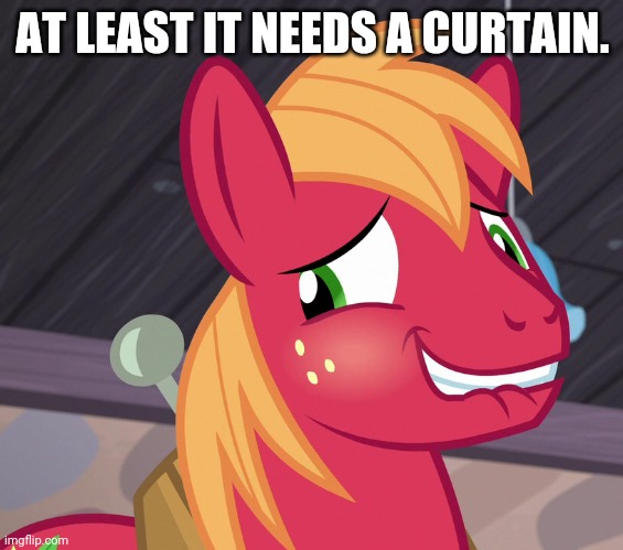 Blushed Big Macintosh (MLP) | AT LEAST IT NEEDS A CURTAIN. | image tagged in blushed big macintosh mlp | made w/ Imgflip meme maker