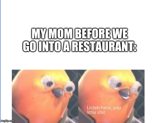 why my mom doesn't like bringing us in public | MY MOM BEFORE WE GO INTO A RESTAURANT: | image tagged in listen here you little shit,memes,funny,mom,public,relatable | made w/ Imgflip meme maker