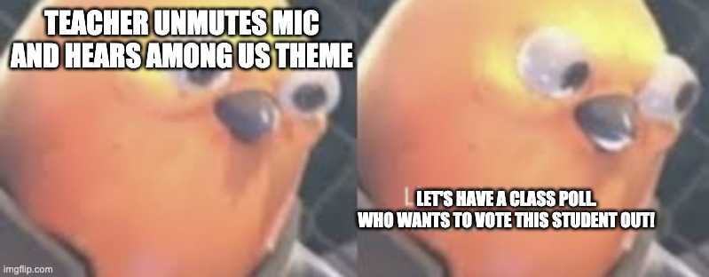 Listen here you little shit bird | TEACHER UNMUTES MIC AND HEARS AMONG US THEME LET'S HAVE A CLASS POLL. WHO WANTS TO VOTE THIS STUDENT OUT! | image tagged in listen here you little shit bird | made w/ Imgflip meme maker