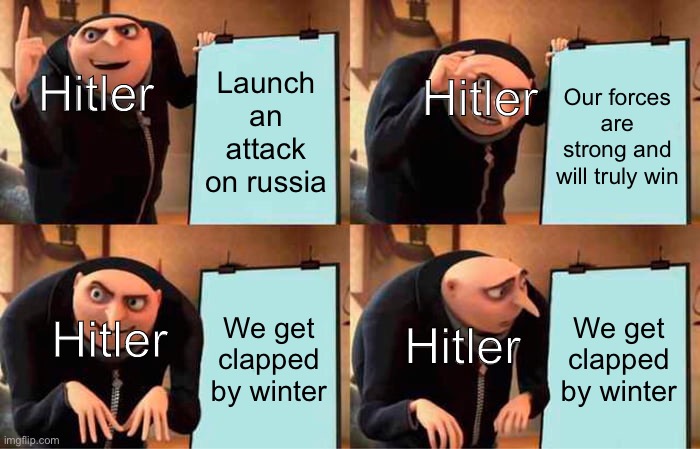 Bruh moment | Hitler; Launch an attack on russia; Hitler; Our forces are strong and will truly win; We get clapped by winter; We get clapped by winter; Hitler; Hitler | image tagged in memes,gru's plan | made w/ Imgflip meme maker