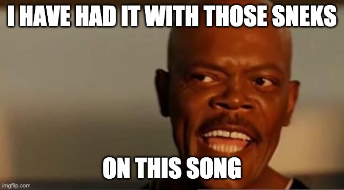 Snakes on the Plane Samuel L Jackson | I HAVE HAD IT WITH THOSE SNEKS ON THIS SONG | image tagged in snakes on the plane samuel l jackson | made w/ Imgflip meme maker