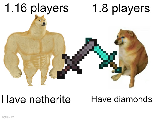 Different people who play different versions | 1.16 players; 1.8 players; Have netherite; Have diamonds | image tagged in memes,buff doge vs cheems | made w/ Imgflip meme maker