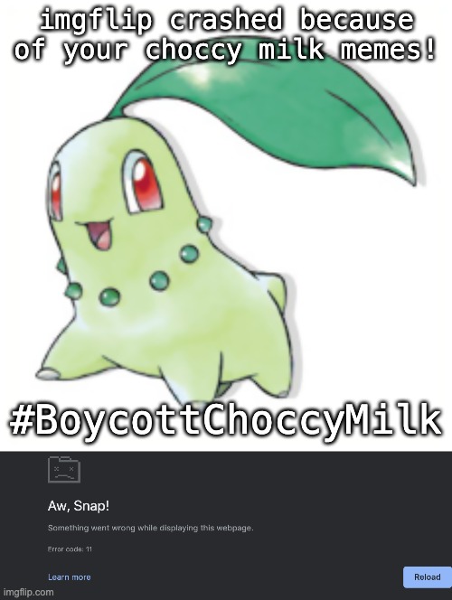 It's a joke (I'm not doing an actual boycott, just that imgflip crashed and I need a funny reason why) | imgflip crashed because of your choccy milk memes! #BoycottChoccyMilk | image tagged in choccy milk,banned | made w/ Imgflip meme maker