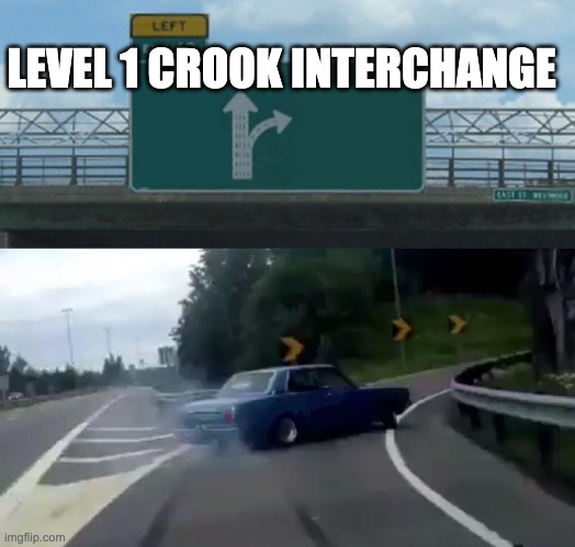 Left Exit 12 Off Ramp Meme | LEVEL 1 CROOK INTERCHANGE | image tagged in memes,left exit 12 off ramp | made w/ Imgflip meme maker