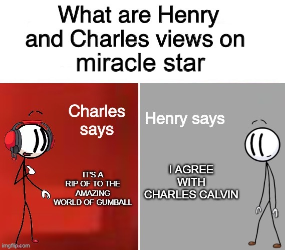 no more miracle star | miracle star; I AGREE WITH CHARLES CALVIN; IT'S A RIP OF TO THE AMAZING WORLD OF GUMBALL | image tagged in henry and charles views | made w/ Imgflip meme maker