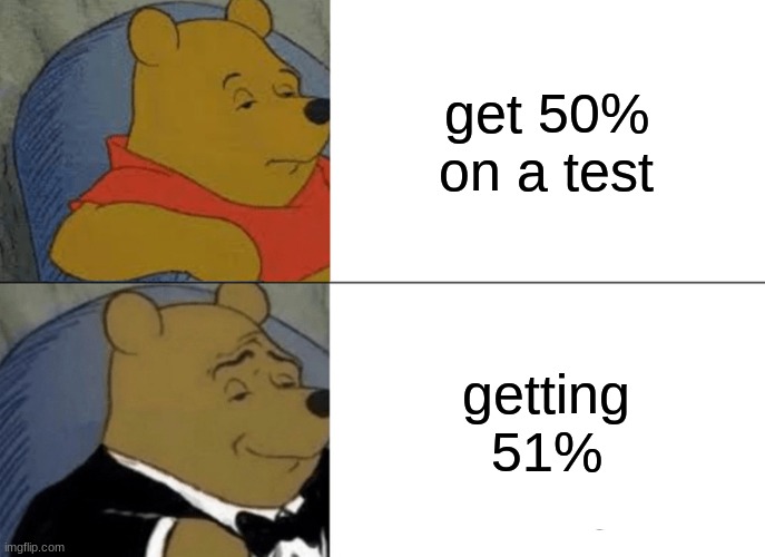 me on a test | get 50% on a test; getting 51% | image tagged in memes,tuxedo winnie the pooh | made w/ Imgflip meme maker