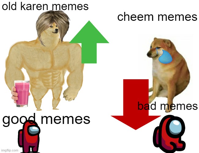 my memes are cheem memes | old karen memes; cheem memes; bad memes; good memes | image tagged in memes,buff doge vs cheems | made w/ Imgflip meme maker