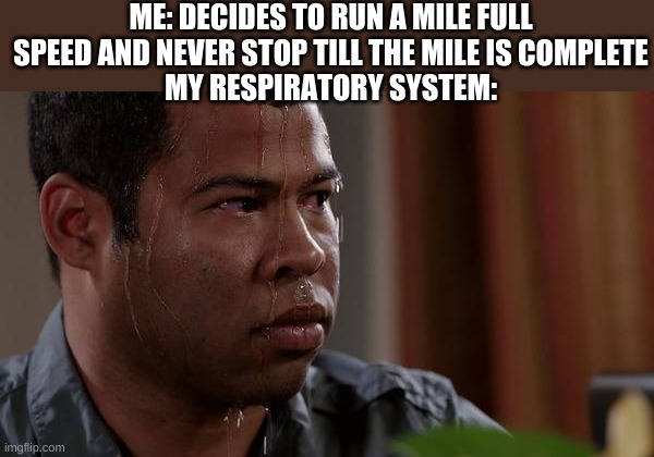 This was made 2 months ago but somehow did not get submitted at that time | ME: DECIDES TO RUN A MILE FULL SPEED AND NEVER STOP TILL THE MILE IS COMPLETE
MY RESPIRATORY SYSTEM: | image tagged in sweating bullets | made w/ Imgflip meme maker