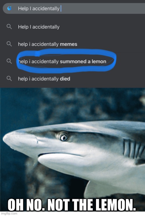 NOOOOOO LEMON | OH NO. NOT THE LEMON. | image tagged in help i accidentally,shark,scared,oh no | made w/ Imgflip meme maker