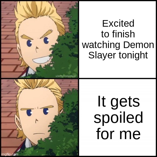 We should make a rule- | Excited to finish watching Demon Slayer tonight; It gets spoiled for me | image tagged in mirio drake meme | made w/ Imgflip meme maker