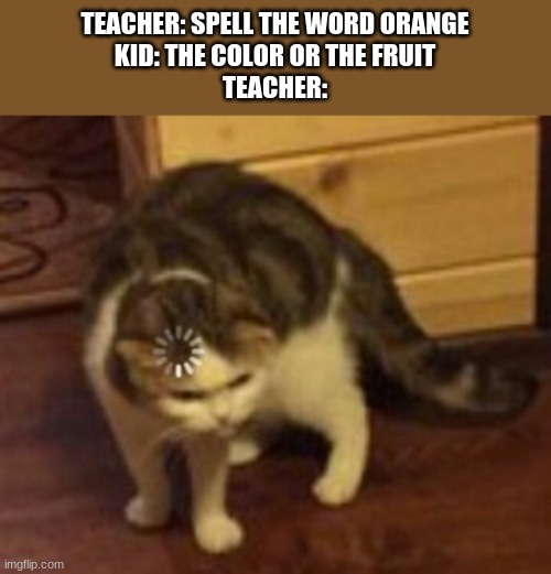 Loading cat | TEACHER: SPELL THE WORD ORANGE
KID: THE COLOR OR THE FRUIT
TEACHER: | image tagged in loading cat | made w/ Imgflip meme maker