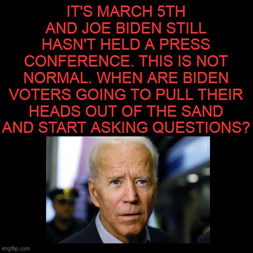 ENOUGH IS ENOUGH! WE DESERVE TO KNOW THE TRUE STATE OF THIS PUPPET'S MENTAL HEALTH! | IT'S MARCH 5TH AND JOE BIDEN STILL HASN'T HELD A PRESS CONFERENCE. THIS IS NOT NORMAL. WHEN ARE BIDEN VOTERS GOING TO PULL THEIR HEADS OUT OF THE SAND AND START ASKING QUESTIONS? | image tagged in blank,memes,joe biden,biden,election 2020,press conference | made w/ Imgflip meme maker