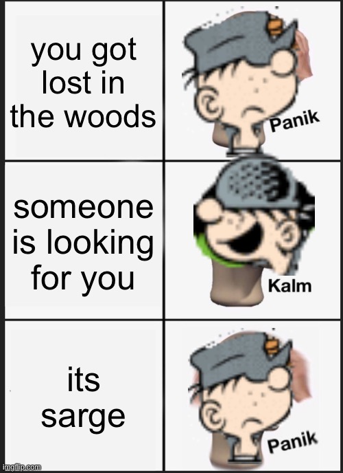 beetle bailey panik kalm panik | you got lost in the woods; someone is looking for you; its sarge | image tagged in memes,panik kalm panik,beetle bailey,sarge snorkel | made w/ Imgflip meme maker