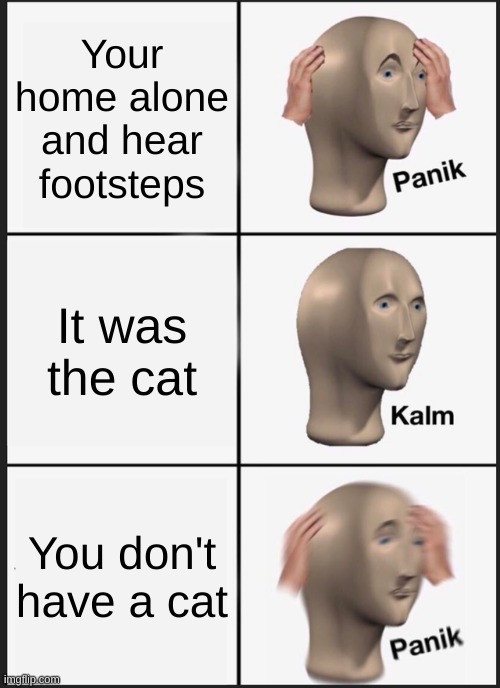 "Meow" | Your home alone and hear footsteps; It was the cat; You don't have a cat | image tagged in memes,panik kalm panik,oh wow are you actually reading these tags,bruh,strawberry milk,choccy milk | made w/ Imgflip meme maker