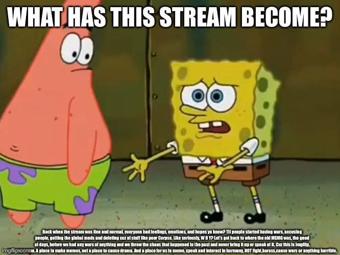 Look in the description | WHAT HAS THIS STREAM BECOME? Back when the stream was fine and normal, everyone had feelings, emotions, and hopes ya know? Til people started having wars, accusing people, getting the global mods and deleting cuz of stuff like poor Corpse. Like seriously, W H Y? Let’s get back to where the old MSMG was, the good ol days, before we had any wars of anything and we throw the chaos that happened in the past and never bring it up or speak of it. Cuz this is imgflip, not a war zone. A place to make memes, not a place to cause drama. And a place for us to meme, speak and interact in harmony, NOT fight,harass,cause wars or anything horrible. | made w/ Imgflip meme maker