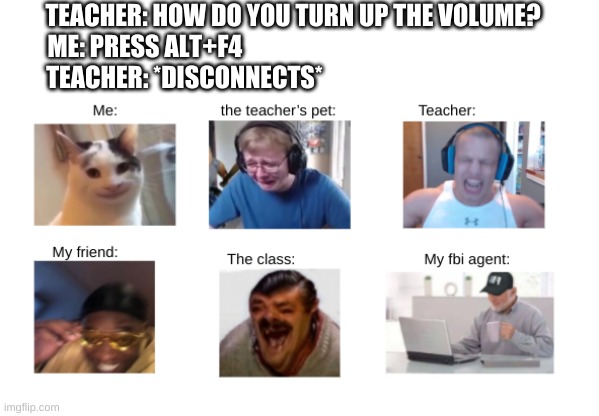 TEACHER: HOW DO YOU TURN UP THE VOLUME?
ME: PRESS ALT+F4                                                            
TEACHER: *DISCONNECTS* | image tagged in online school,zoom,angry teacher | made w/ Imgflip meme maker