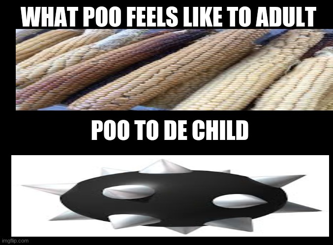 blank black | WHAT POO FEELS LIKE TO ADULT; POO TO DE CHILD | image tagged in blank black | made w/ Imgflip meme maker