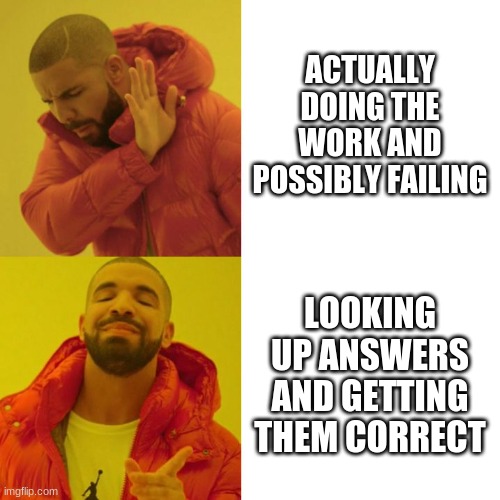 Drake Blank | ACTUALLY DOING THE WORK AND POSSIBLY FAILING; LOOKING UP ANSWERS AND GETTING THEM CORRECT | image tagged in drake blank | made w/ Imgflip meme maker