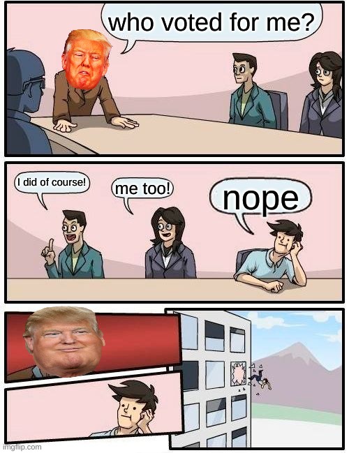 Boardroom Meeting Suggestion | who voted for me? I did of course! me too! nope | image tagged in memes,boardroom meeting suggestion | made w/ Imgflip meme maker