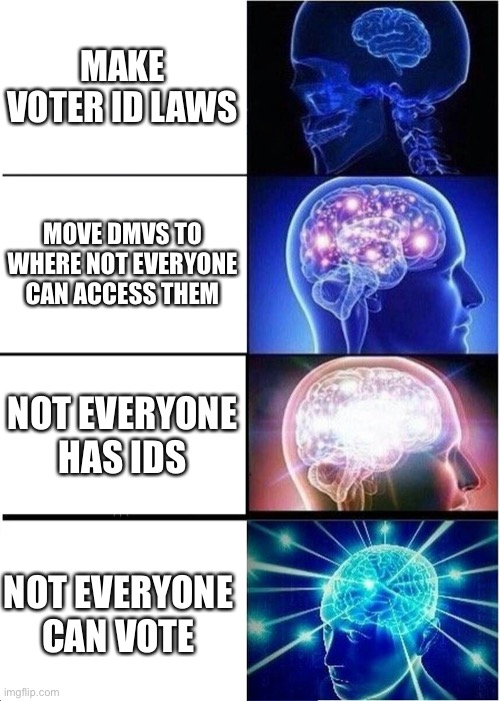 The problem with voter ID | MAKE VOTER ID LAWS; MOVE DMVS TO WHERE NOT EVERYONE CAN ACCESS THEM; NOT EVERYONE HAS IDS; NOT EVERYONE CAN VOTE | image tagged in memes,expanding brain | made w/ Imgflip meme maker