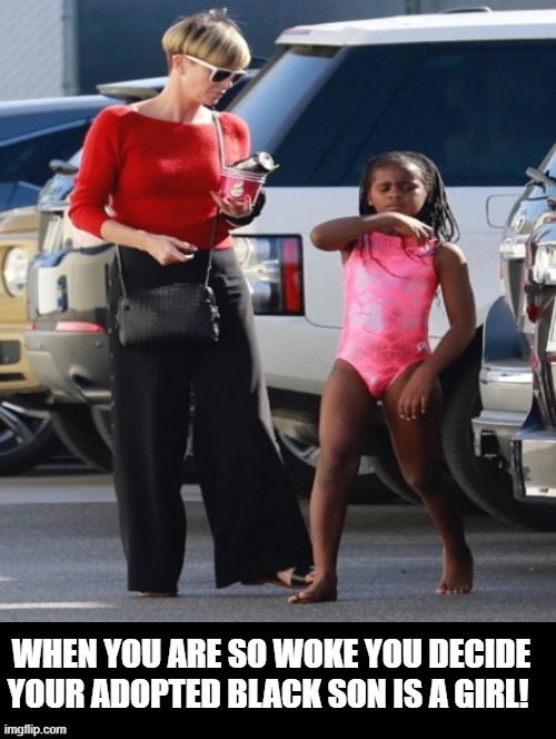 When you are a washed up actress and want to cash in on Wokeness! | WHEN YOU ARE SO WOKE YOU DECIDE YOUR ADOPTED BLACK SON IS A GIRL! | image tagged in woke,stupid liberals,democrats,morons,idiots,cowards | made w/ Imgflip meme maker