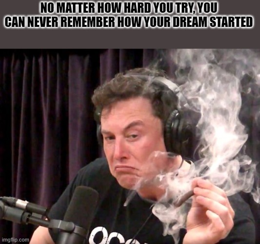 r/showerthoughts | NO MATTER HOW HARD YOU TRY, YOU CAN NEVER REMEMBER HOW YOUR DREAM STARTED | image tagged in elon musk hits blunt 2 | made w/ Imgflip meme maker