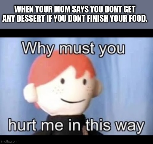 Why mom..... | WHEN YOUR MOM SAYS YOU DONT GET ANY DESSERT IF YOU DONT FINISH YOUR FOOD. | image tagged in why must you hurt me in this way,puppet pals | made w/ Imgflip meme maker