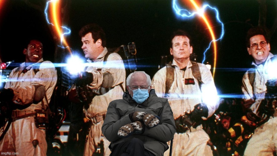 Mittens Bernie Sanders meme with the Ghostbusters fighting Zuul in New York City. | image tagged in humor,bernie sanders mittens,bernie sanders,ghostbusters,new york city,political humor | made w/ Imgflip meme maker