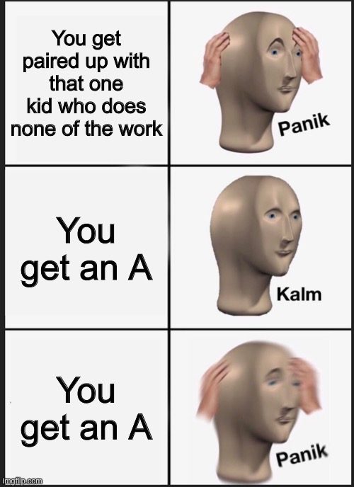 I don’t understand this one | You get paired up with that one kid who does none of the work; You get an A; You get an A | image tagged in memes,panik kalm panik | made w/ Imgflip meme maker