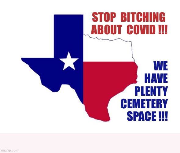 BEING A TEXAN MEANS BEING PREPARED !!! | STOP  BITCHING 
ABOUT  COVID !!! WE
HAVE
PLENTY
CEMETERY
SPACE !!! | image tagged in texas,dark humor,rick75230,covid-19,cemetery,greg abbott | made w/ Imgflip meme maker