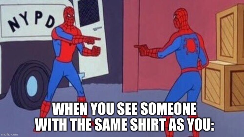 spiderman pointing at spiderman | WHEN YOU SEE SOMEONE WITH THE SAME SHIRT AS YOU: | image tagged in spiderman pointing at spiderman | made w/ Imgflip meme maker
