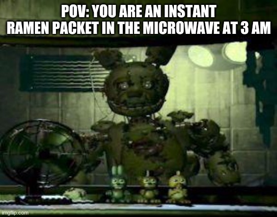 FNAF Springtrap in window |  POV: YOU ARE AN INSTANT RAMEN PACKET IN THE MICROWAVE AT 3 AM | image tagged in fnaf springtrap in window | made w/ Imgflip meme maker