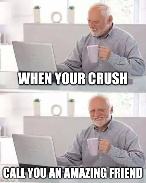 friend zoned | WHEN YOUR CRUSH; CALL YOU AN AMAZING FRIEND | image tagged in memes,hide the pain harold | made w/ Imgflip meme maker