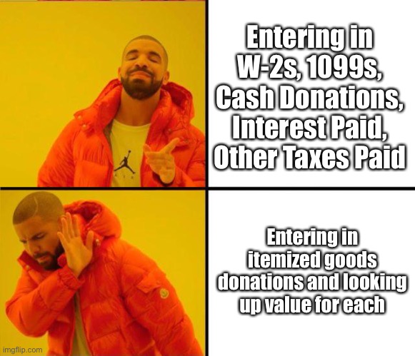 Tax Time | Entering in W-2s, 1099s, Cash Donations, Interest Paid, Other Taxes Paid; Entering in itemized goods donations and looking up value for each | image tagged in drake yes no reverse | made w/ Imgflip meme maker